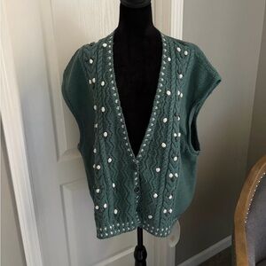 Green Knit Cardigan with White Accents